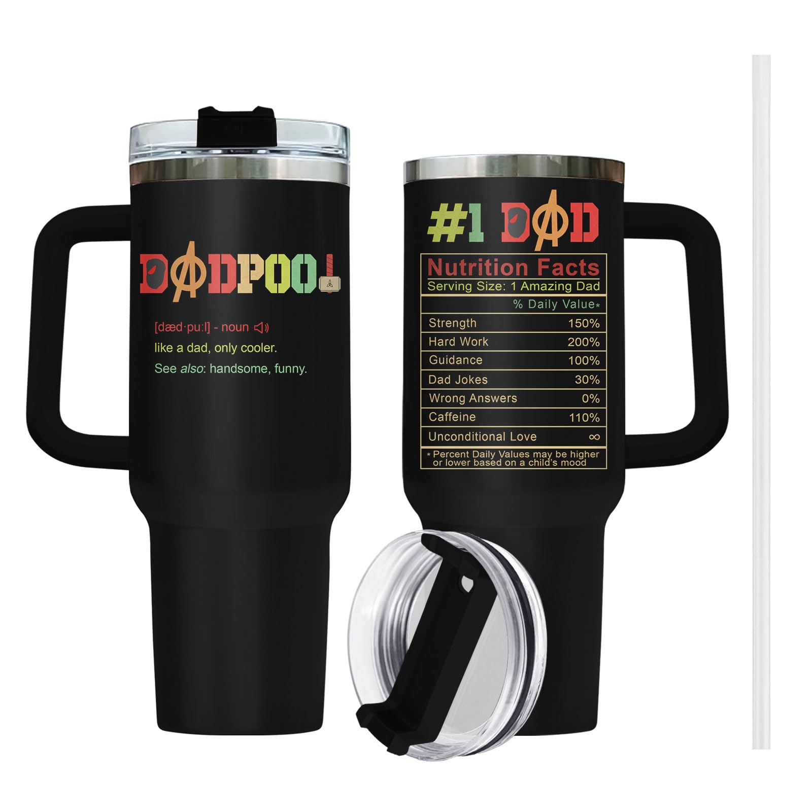 Photo 1 of 34HD Fathers Gifts, Dadpool Tumbler with Handle Straw 40 oz Stainless Steel, Dad Nutrition Facts Mug, Daddy Birthday Gifts from Daughter, Son, Wife