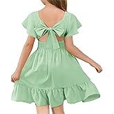 Haloumoning Girls Ruffle Short Sleeve Tie Back Dress Kids Summer Off Shoulder A-line Dresses 5-14 Years