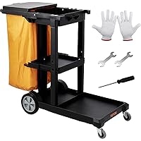 VEVOR Cleaning Cart, 3-Shelf Commerical Janitorial Cart, 200 lbs Capacity Plastic Housekeeping Cart, with 25 Gallon PVC Bag a
