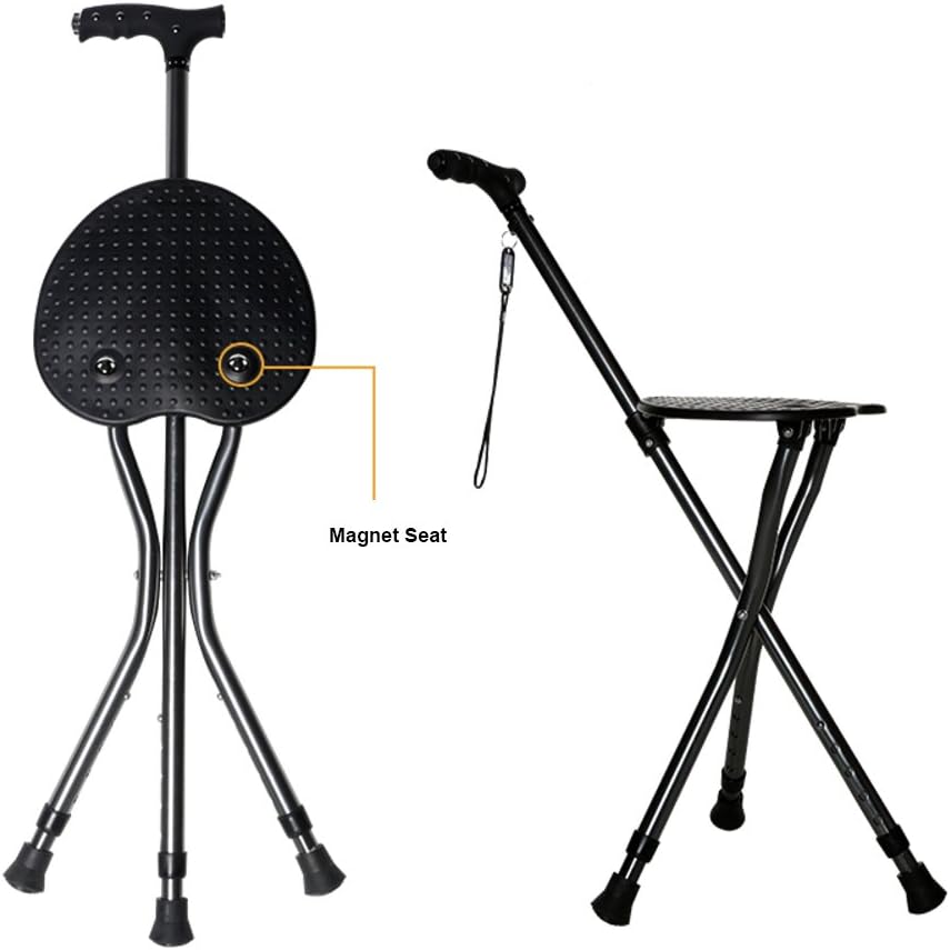 Elderly Disability Walking Stick,Lightweight Adjustable Height Folding Massage Crutch with Seat,C