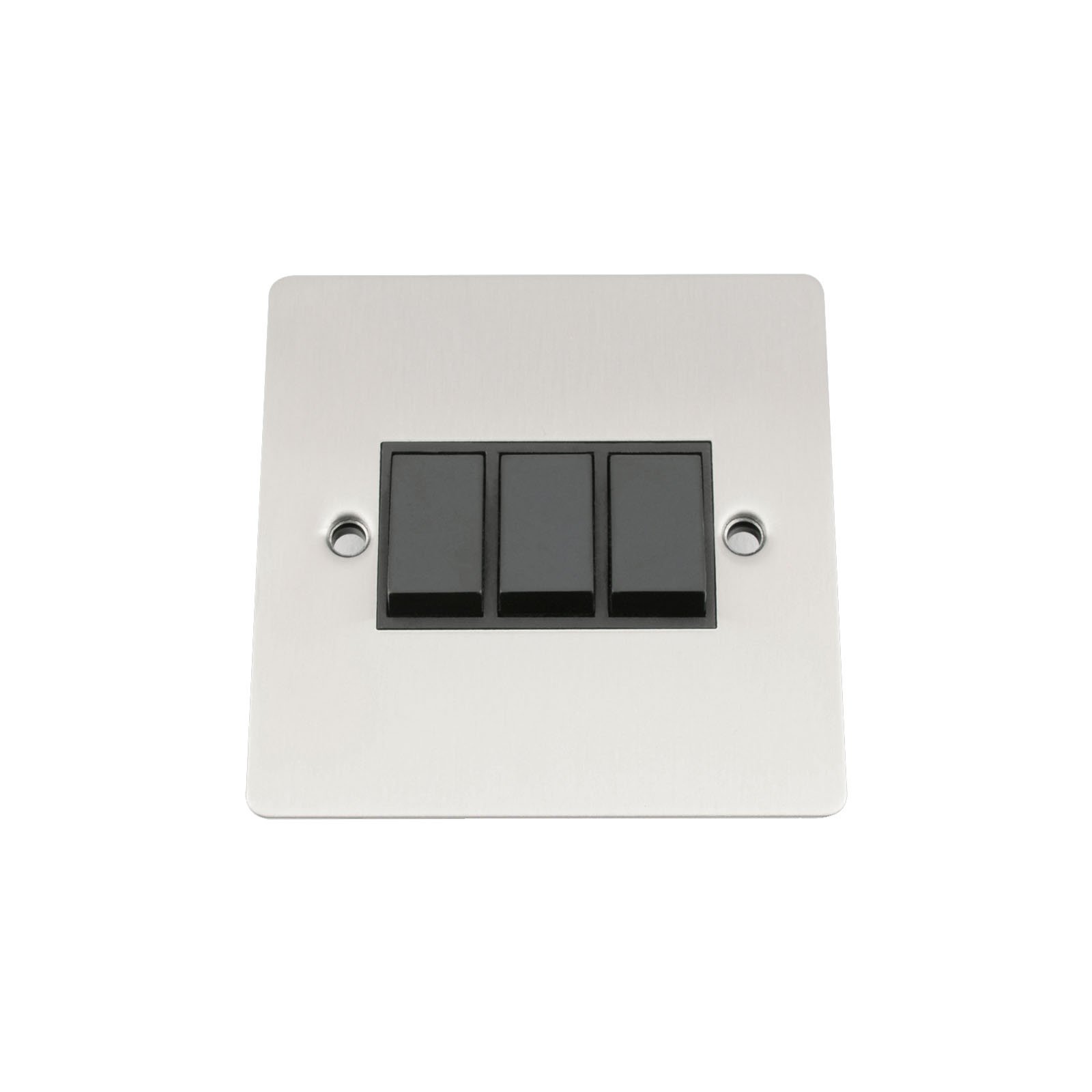 Light Switch 3 Gang - Satin Matt Chrome - Flat - Black Insert Plastic Switch - 10 Amp Triple 3 Gang 2 Way
