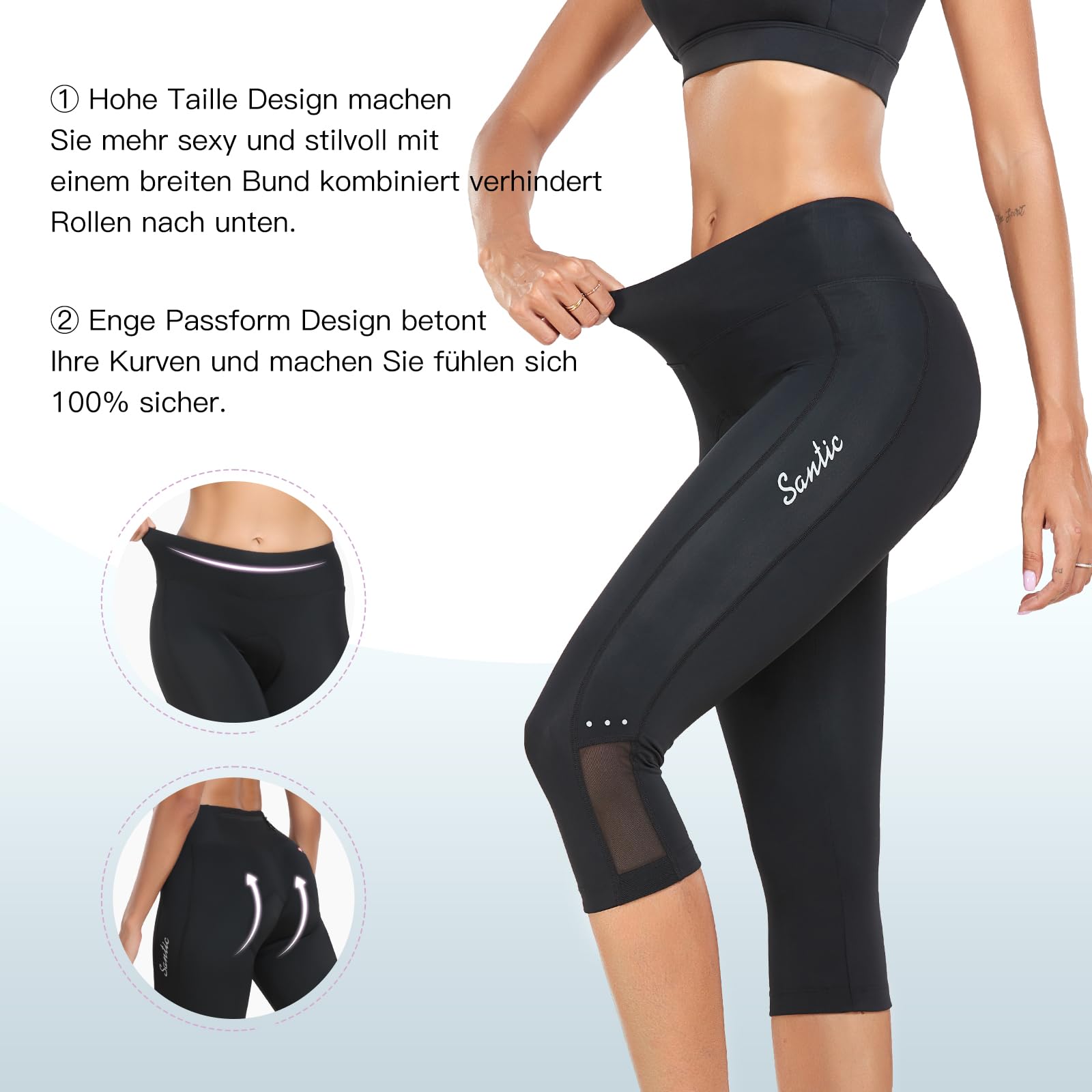 Santic Radlerhose Damen 3/4 Fahrradhose Gepolstert Radsportshorts Radhose Radsport-Leggings Tights Sitzpolster Elastische Schnell Trocknend Atmungsaktive Schwarz XXL 4