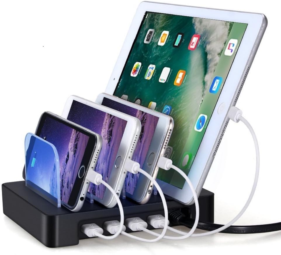 4 Ports USB Charging Station, Universal Detachable Multi-port Desktop Charge Dock Stand Multiple Devices USB Charging Station Organizer, Quick Charger for iPhone iPad Samsung LG Tablet PC-Black