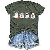 TIXOM Women's Christmas Ghost Shirt Funny Xmas Santa Hat Graphic Short Sleeve Tee Winter Holiday Family Party Matching Tops