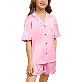 QPANCY Silk Pajamas for Girls Button Down 2 Piece Pj Sets Kids Satin Pajamas Ruffle Short Sleeve Sleepwear Loungewear