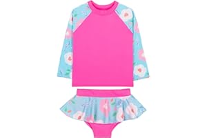 Girls Swimsuit Tankini Two Piece Long Sleeve Cartoon Print Bathing Suits -Top & Skirt with Built in Bikini Brief