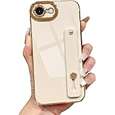 Lafunda for iPhone 16e Case Cute, Luxury Gold Edge Plated for Women Girls Elegant TPU Bumper Cover with Wrist Strap Kickstand Camera Protection Shockproof Silicone Phone Case for iPhone 16e, White