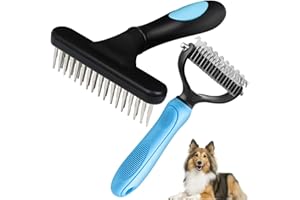 TSXUREPAW Undercoat Rake for Dogs, Dematting Tool Set - Large Dog Grooming Rake + Double Row Stainless Steel Pins Deshedding Comb, Pet Under Coat Brush for Long Hair Cat, Dog, Hores
