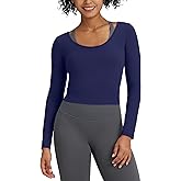 G4Free Barefeel Slim Fitted Womens Long Sleeve Crop Workout Tops Low Back Athletic Yoga Exercise Shirts Scoop Neck Base Layer