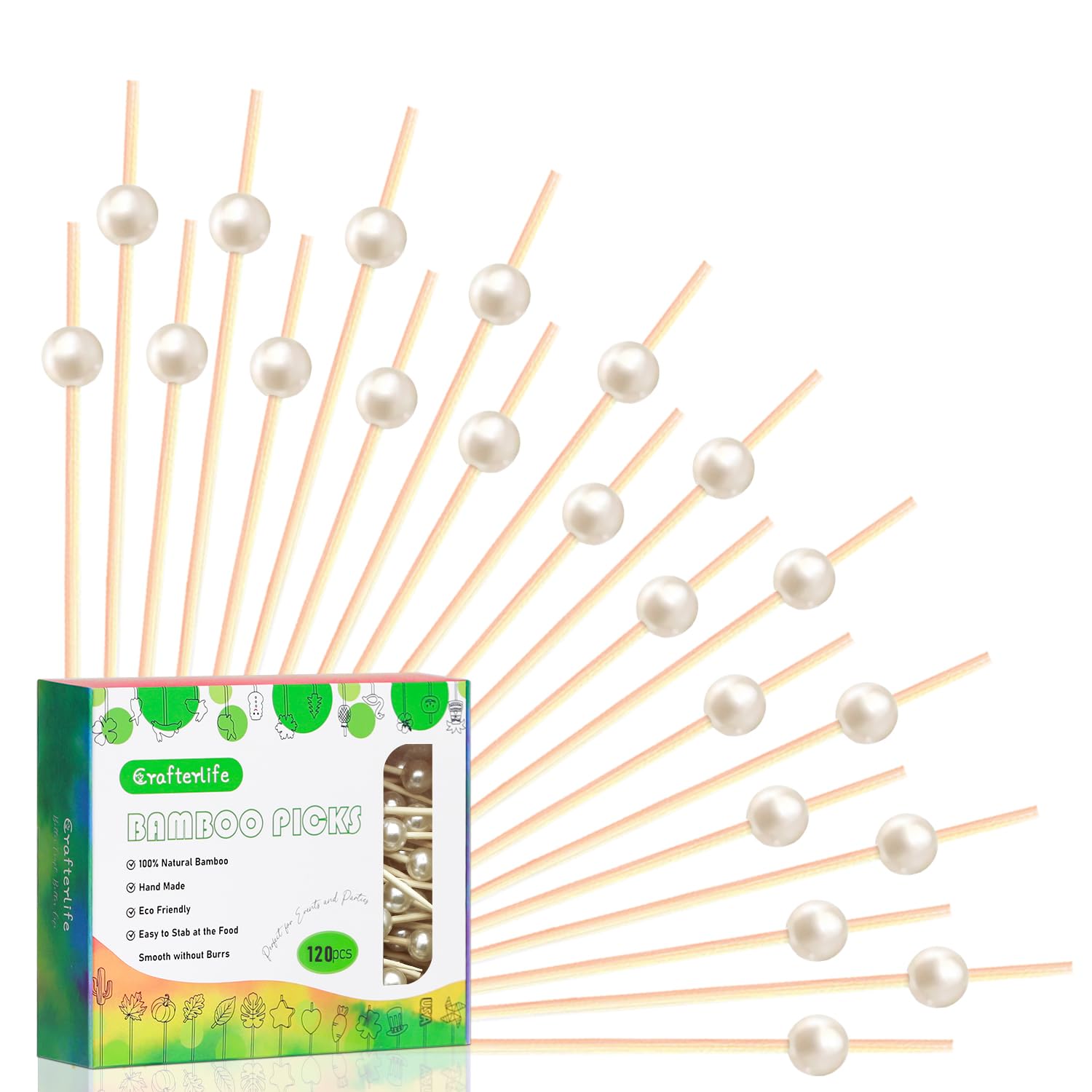 Photo 1 of 120pcs White Pearl Cocktail Picks Fancy Fruit Sticks Long Decorative Toothpicks Sandwich Food Skewers, 4.7", Disposable, Made of Bamboo, for Appetizer Charcuterie Garnishing Party Supplies