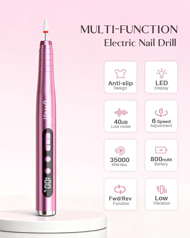 Furadeira profissional 13 em 1, lima elétrica, 35000rpm, 6 velocidades ajustáveis, conjunto de manicure, pedicure para pés, polidor, broca em gel Unhas, removedor de cutículas, manicure, rosa — foto 2 de 8