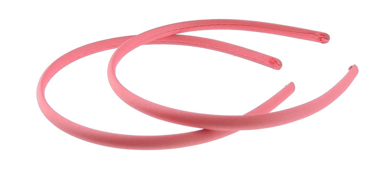 Pair of 2 Slim Thin 1cm Satin Covered Teens Girls Bridesmaid Basic Party Satin Plain DIY Alice Headband Hairband Head Hair Band Kids School Uniform (Coral, One Size)