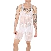 HAVBX Mens Sissy Lingerie Crossdressing Nightwear Sheer Lace Mesh Nightdress Ruffle Nightgown