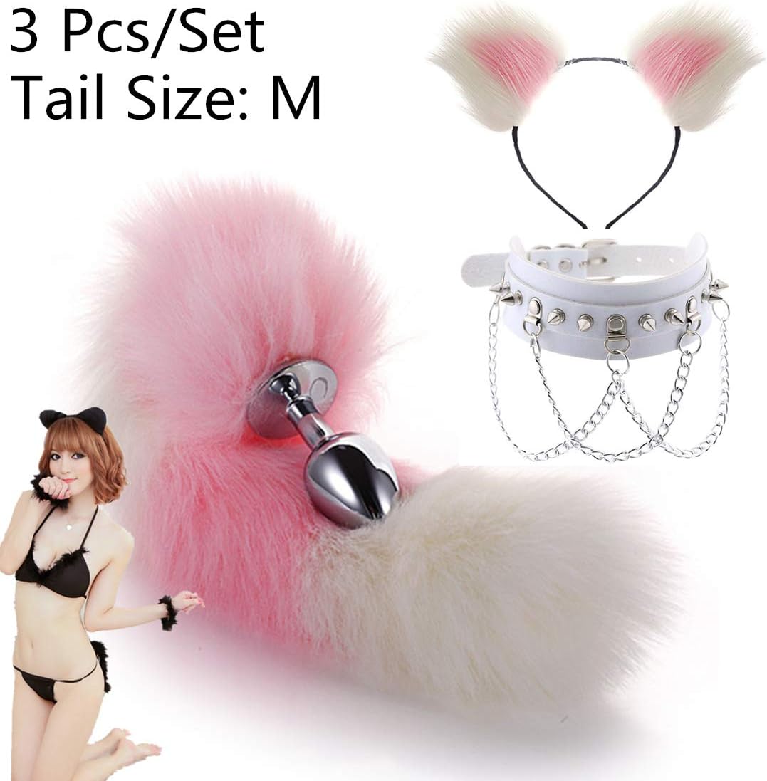 Tail Ear Kit Plùg Collar White Cosplay Rivet Chain Leather Stainless Fox Bùtt Headband Fluffy Anime Maid Toy As a Gift for Partner (Medium, G)