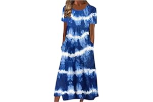 EKVAHL Casual Dresses Women's Summer Maxi Dress Round Neck Short Sleeve Classic Print Pleated Flowy Sundress with Pockets