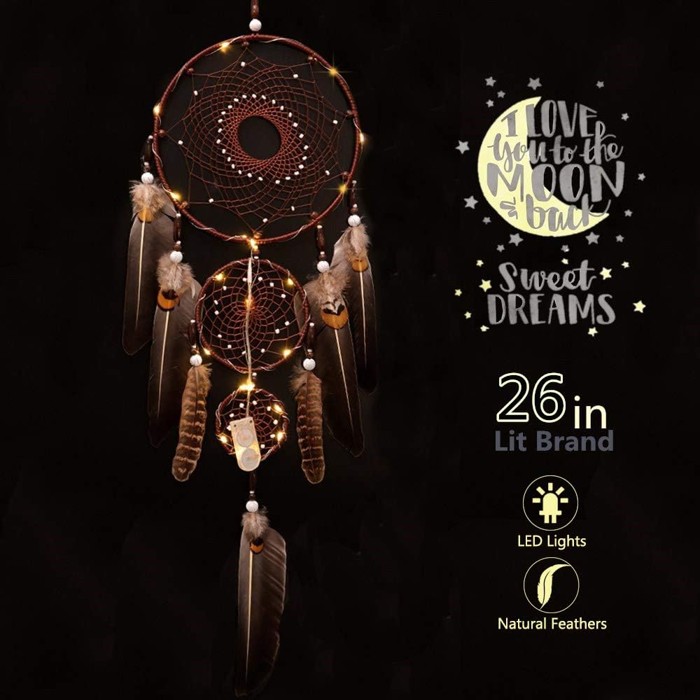 Ricdecor Dream Catchers Kids Dream Catcher for Bedroom Large Authentic Dream Cather with Lights 3 Circles Brown Feathers(Brown_3circles)