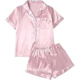 WDIRARA Women's 2 Piece Satin Pajama Set Short Sleeve Button Down Shorts Pjs Sets Silk Sleepwear