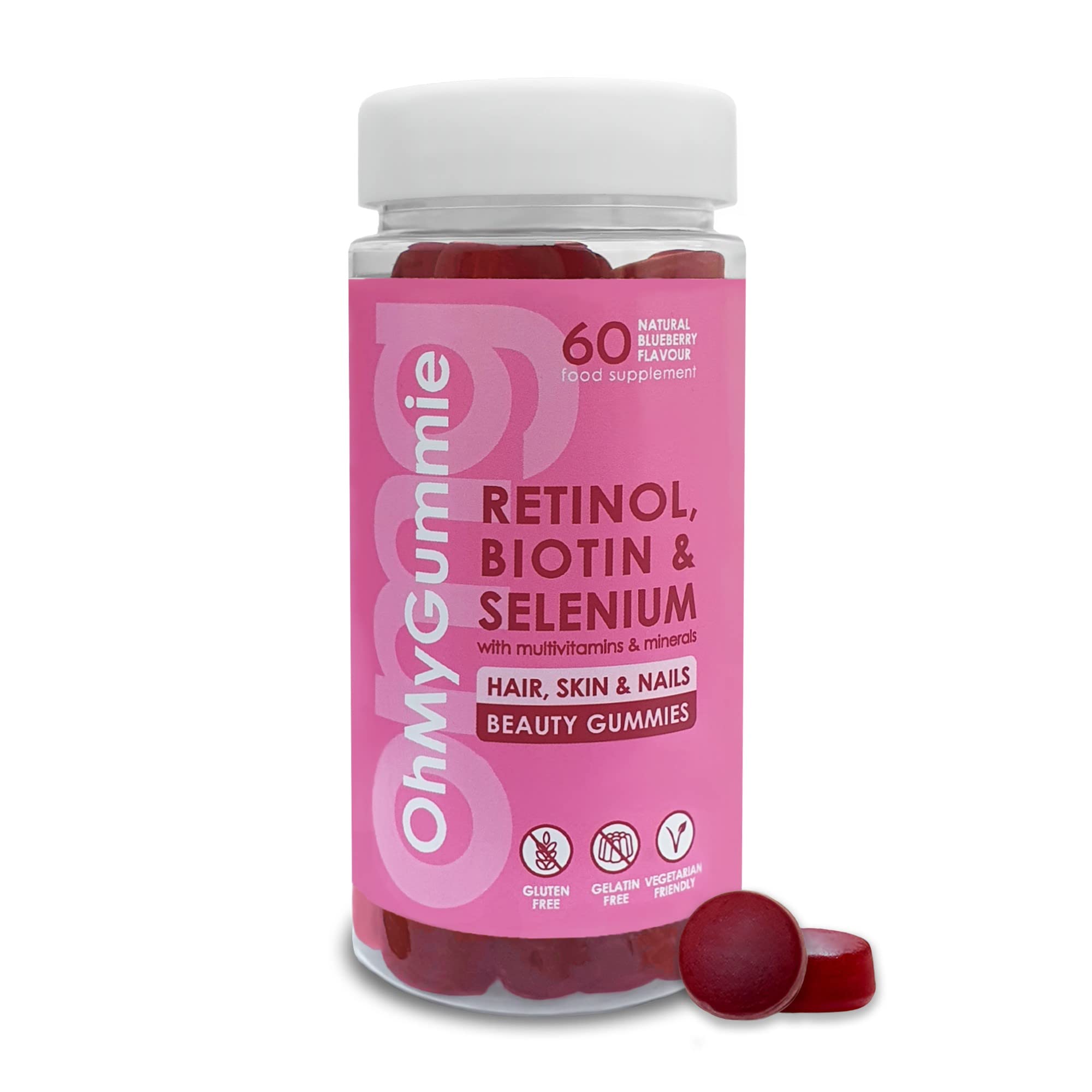 OMG! Retinol, Biotin & Selenium + Collagen producing Vitamin | Hair, Skin & Nails Beauty Gummies (60) by OhMyGummie | Multivitamins & Minerals (A, C, D, E, B6, B12 & Zinc) | Vegetarian & Gelatin-Free