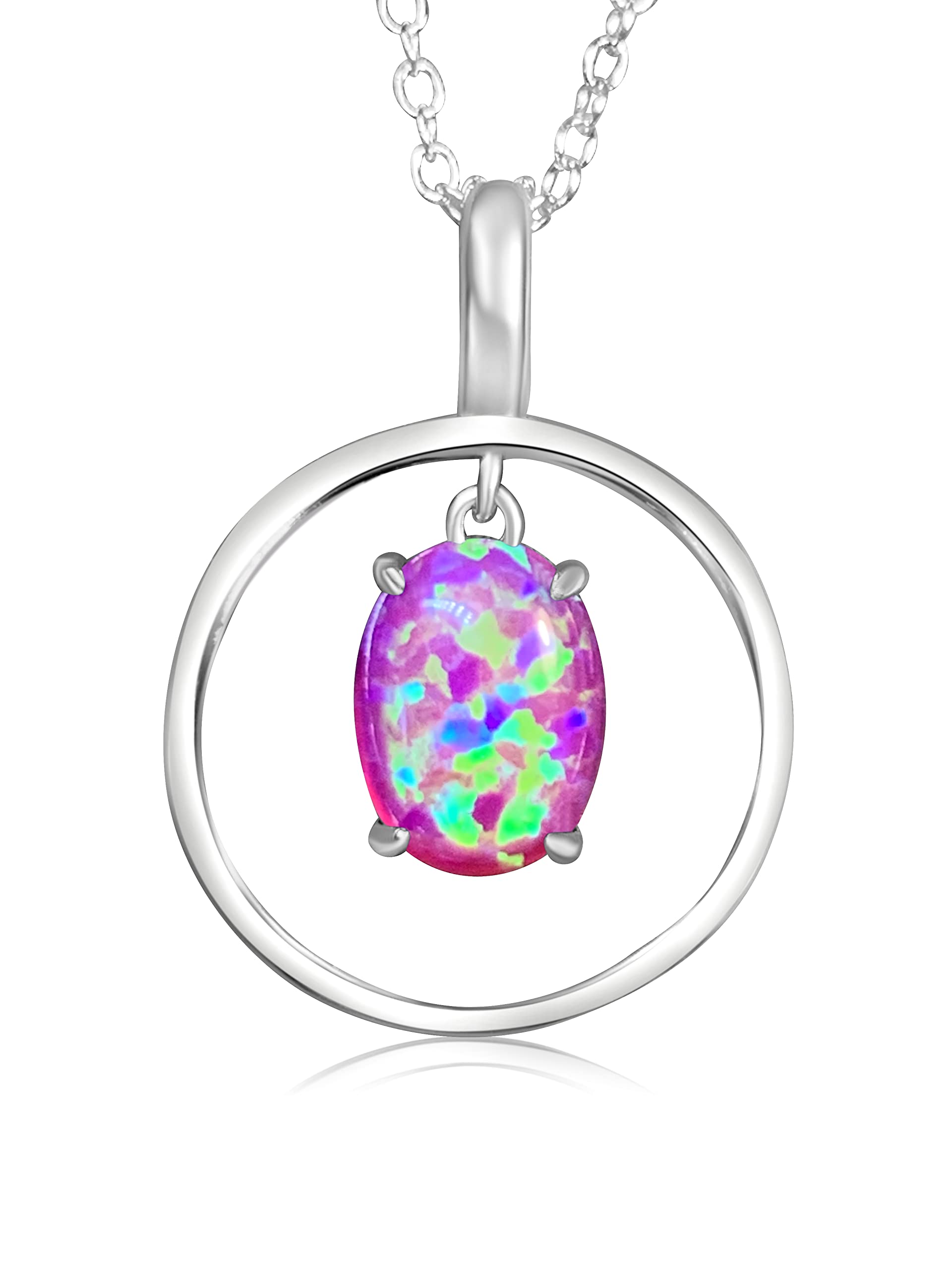 Heart’s Art Australia, Sterling Silver necklace ladies gifts for her Opal Pendant dangling circle necklace 8x6mm Created Opal Necklace jewellery for women gift Birthday (Magneta)