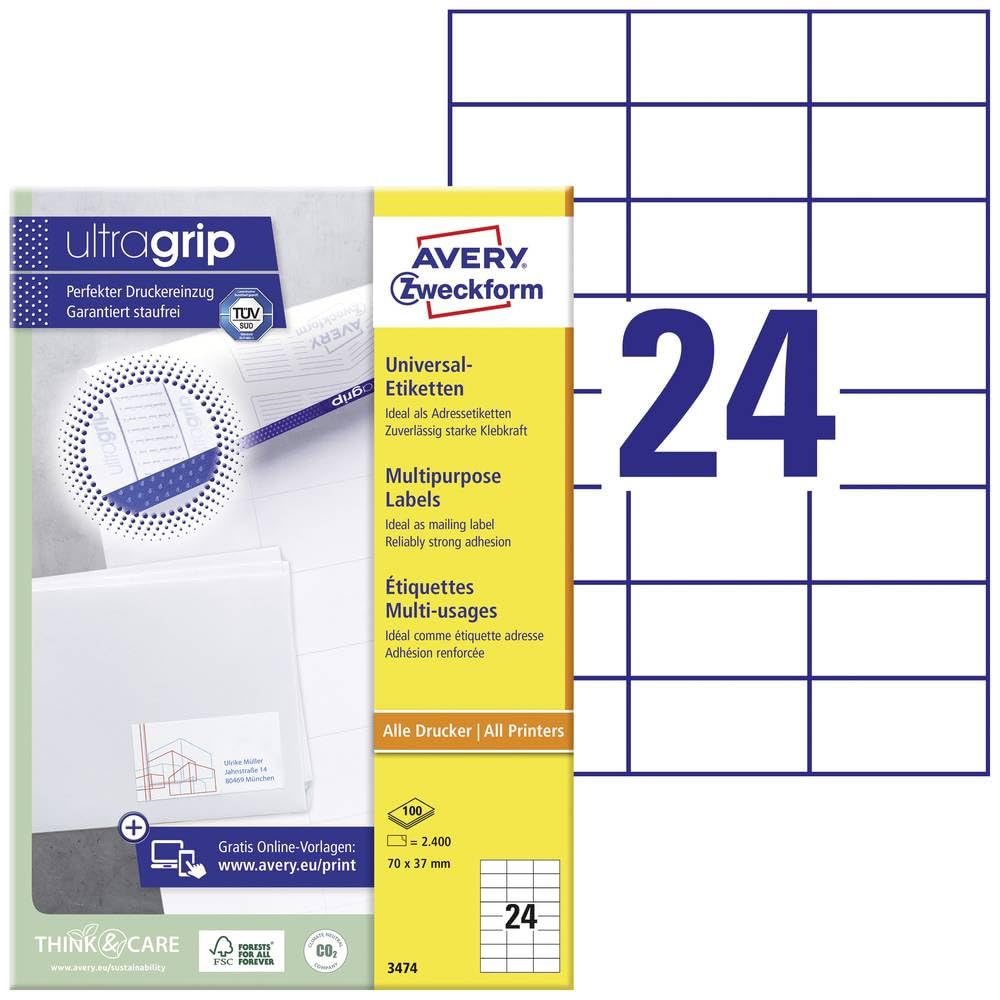 Avery Zweckform Universal Labels 70 x 37 mm for All A4 Printing White — image 1