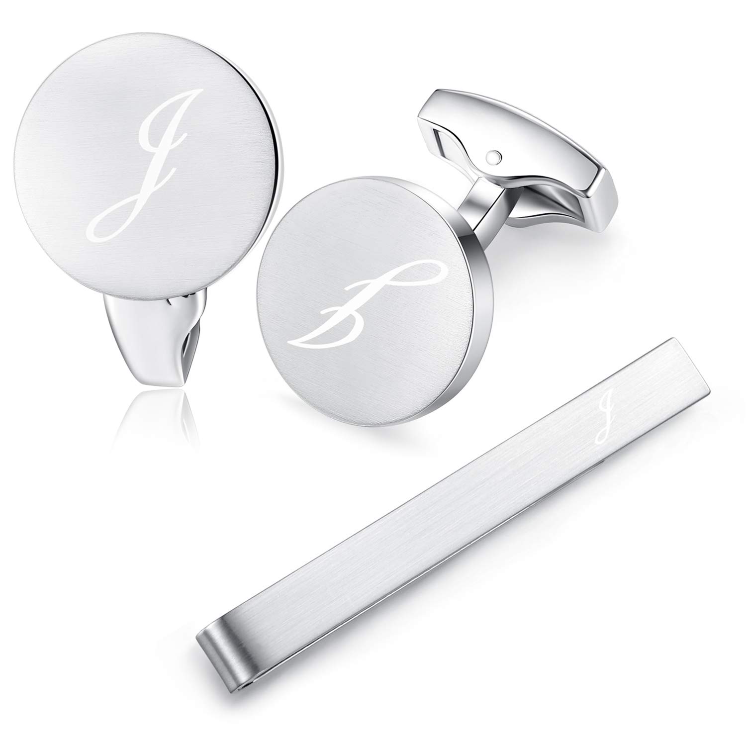 HONEY BEAR Initial Alphabet Letter Cufflinks Tie Clip Set for Mens - Round Stainless Steel, for Business Wedding Gift,Brushed Silver (J)