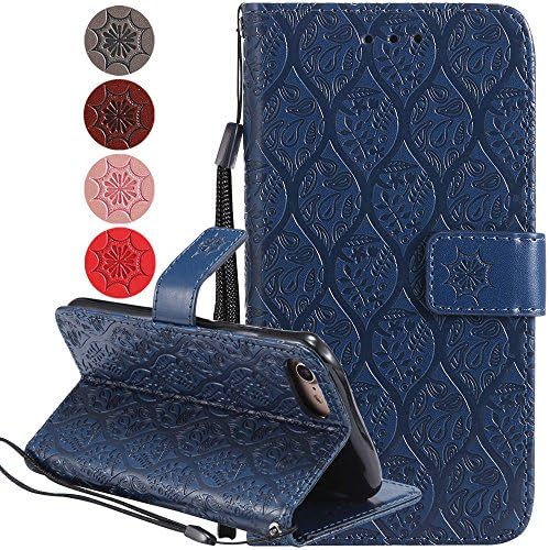 iPhone 8 (2017) Leather Case, iPhone 7 (2016) Case, 3D Relief flowers Wallet Flip Leather Phone Case [Card/Cash Slots] [Kickstand] for iPhone8 and iPhone7 (Dark Blue)