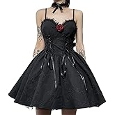 XCJIKUKE Gothic Mini Dress Goth A-Line Lace Patchwork Bandage Fairy Grunge Y2k Witch Pleated Dresses