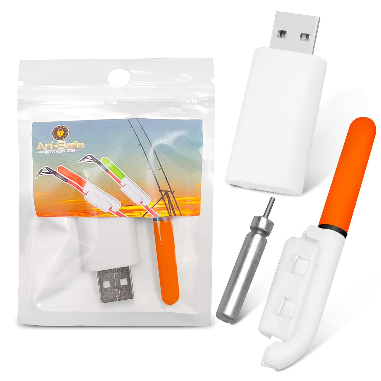 ANI-Safe Orange Beach Casting LED Rechargeable Fishing Rod Tip Light, cod, carp, sea, Course, Pike, CR425 and USB Charger Orange, red, Glow Stick bite Indicator, Clip on, Removable