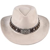 Cowboy Hat for Women and Men, Mens Western Cowboy Hats with Bull Head Womens Retro Vintage Jazz Hat Solid Color Cowgirl Hats (US, Alpha, Medium, Beige 1)