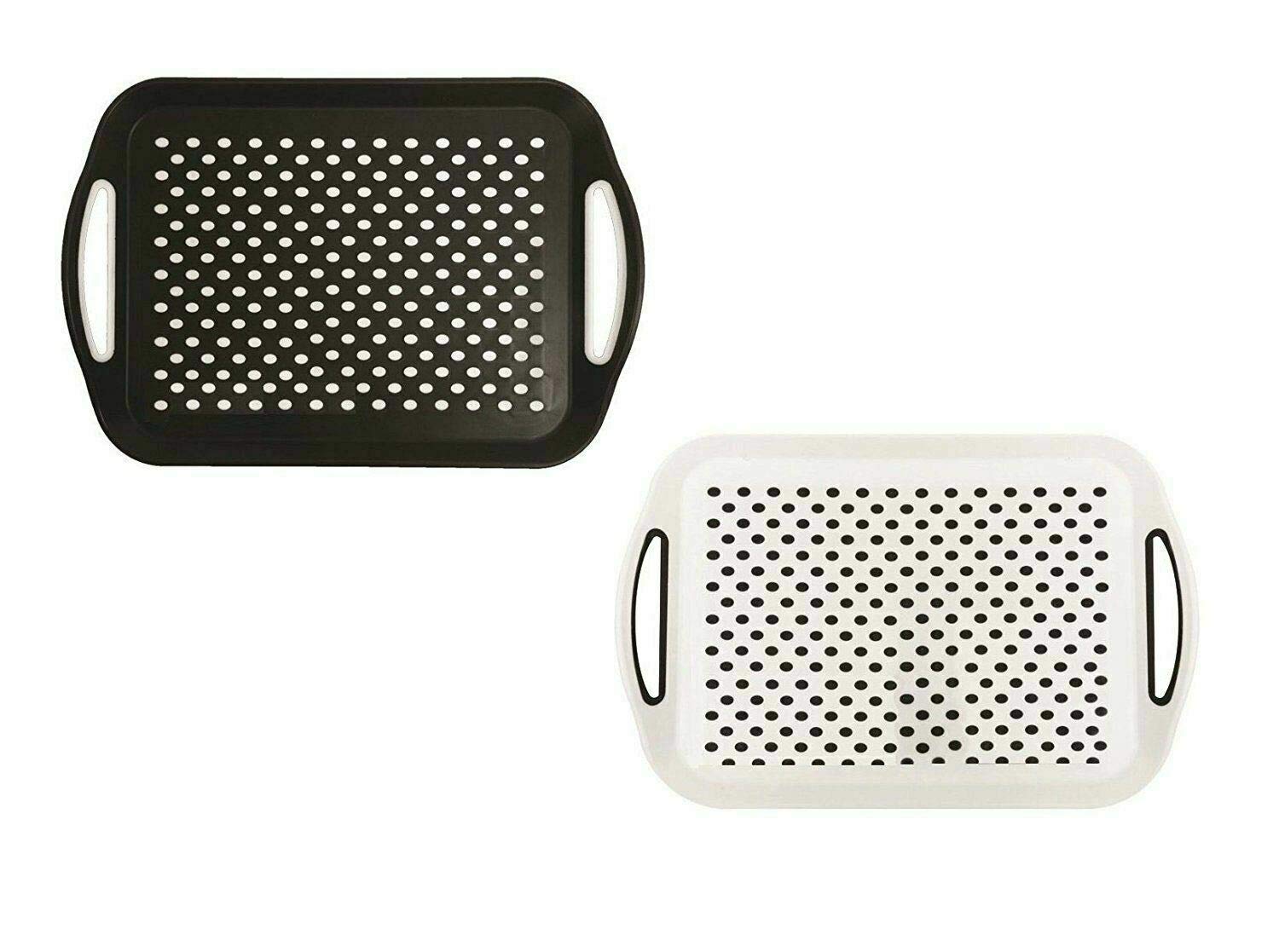 2X Set of Anti-Slip Rectangular Non-Slip Top and Bottom Plastic Dinner/Drinks Serving Tray with High Grip Rubber Surface, Easy Grip Handles, Black & White.