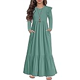 HOSIKA Girls Fall Ruffle Long Sleeve Crew Neck Loose Casual Flowy Tiered Maxi Dress with Pockets for 6-12 Y