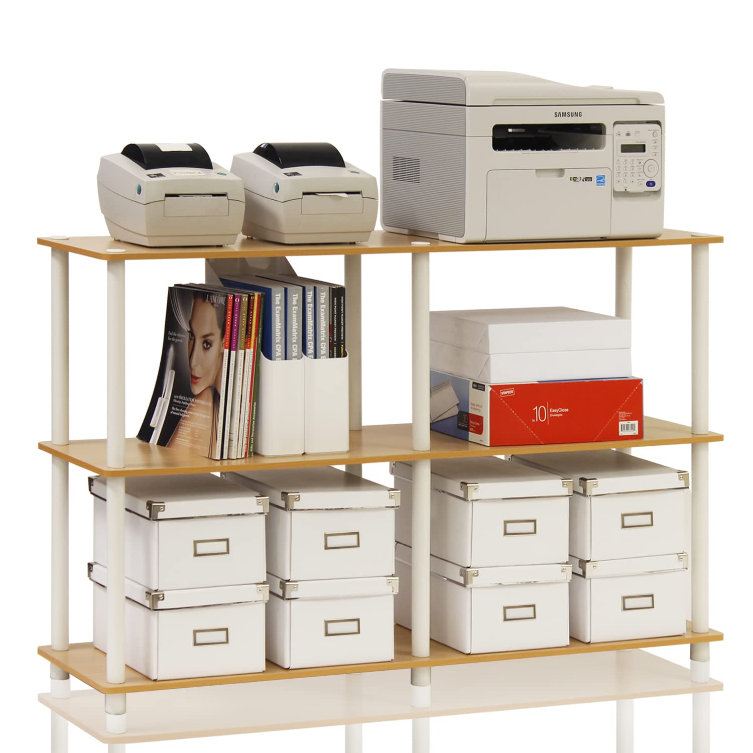 Furinno TURN-N-TUBE Storage Shelves, 3-Tier 47.4 Wide Book Shelf, Corner Shelf, Toolless Open Shelves, for Organization and Storage, Living Room, Garage, Home Office, Beech