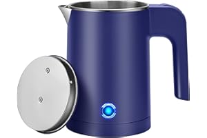 WDCME Small Electric Kettle Stainless Steel, 0.6L Portable Travel Kettle with Double Wall Construction, Mini Hot Water Boiler Heater, Electric Tea Kettle for Business Trip, Camping, Travel, Office (Blue)
