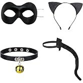 PUCAPOCO Black Cat Costume - 4PCS Ears, Tail, Eye Cover, Bell Choker - Cartoon Cat Cosplay for Kids &amp; Adults Age 8-50