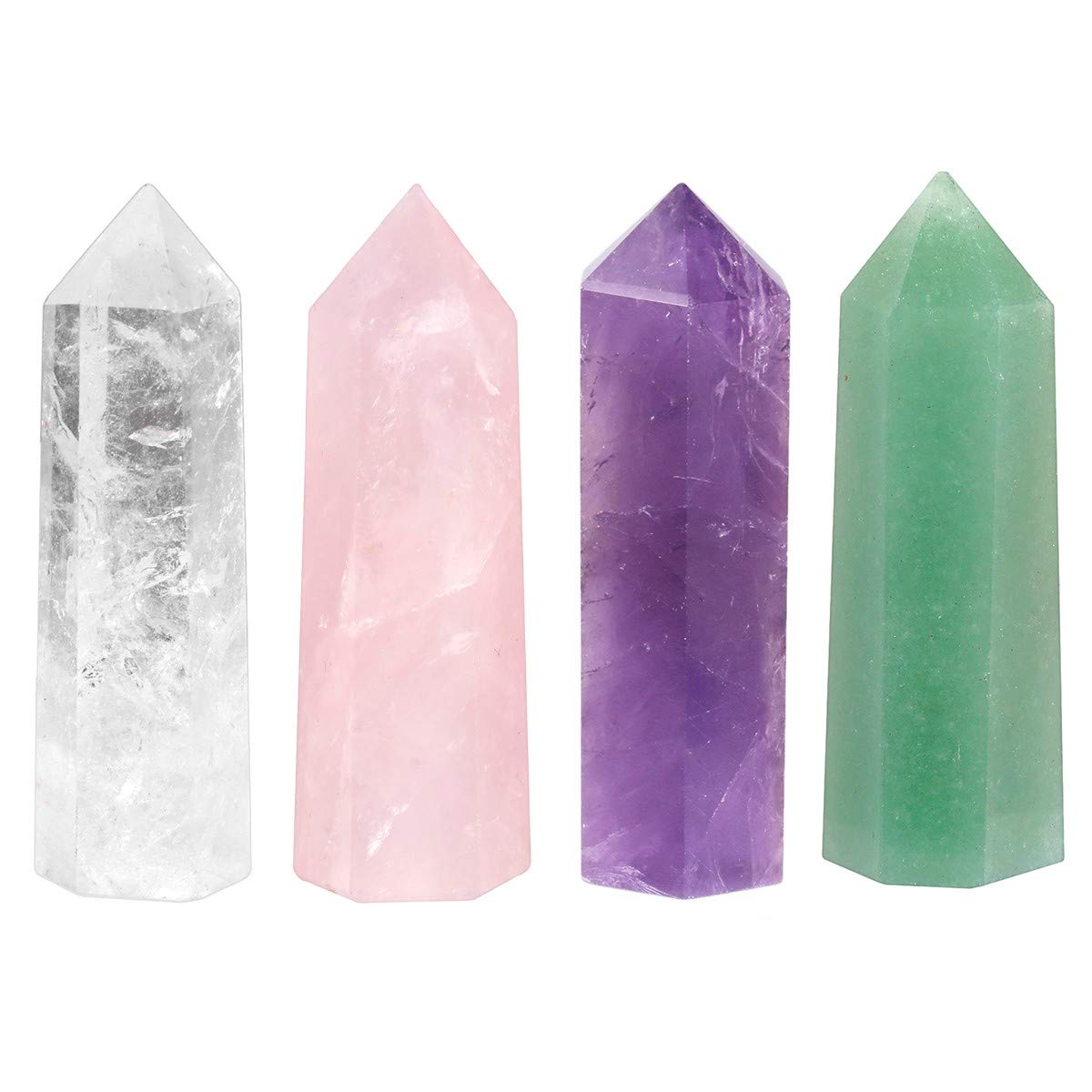 mookaitedecor Natural Healing Crystal Wands Set of 4, Quartz Crystal Stone Hexagonal Point for Chakra Meditation Wiccan Witchcraft Decor Gift, Amethyst & Rose Quartz & Clear Quartz & Green Aventurine