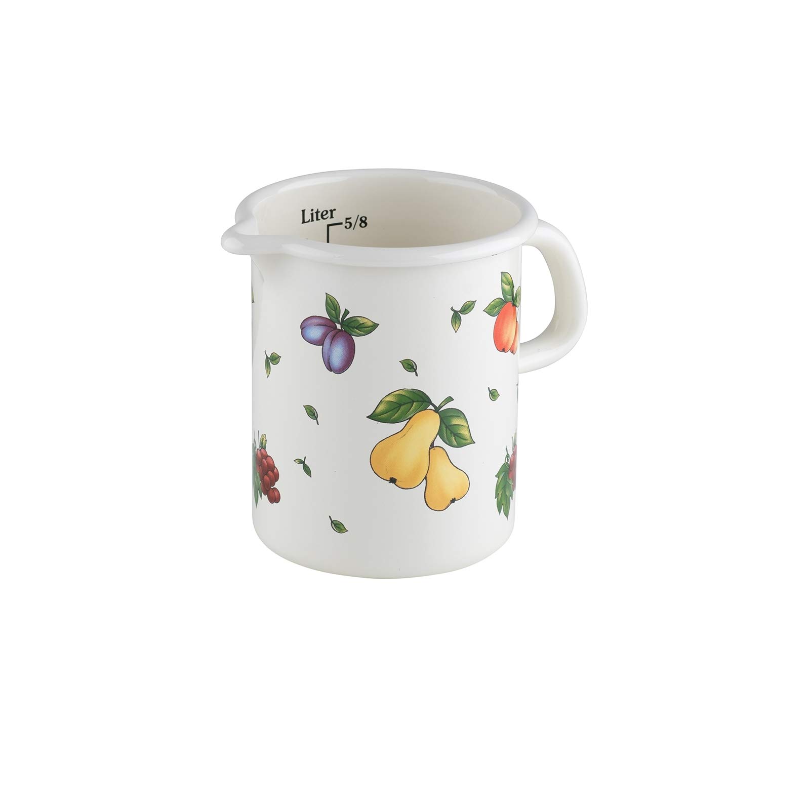 Riess, 0338-068, Kitchen Measure 10 1.0 L, Country - Fruit Garden, Diameter 10 cm, Height 14.8 cm, Capacity 1.0 litres, Enamel, White with Fruit Decoration, Induction