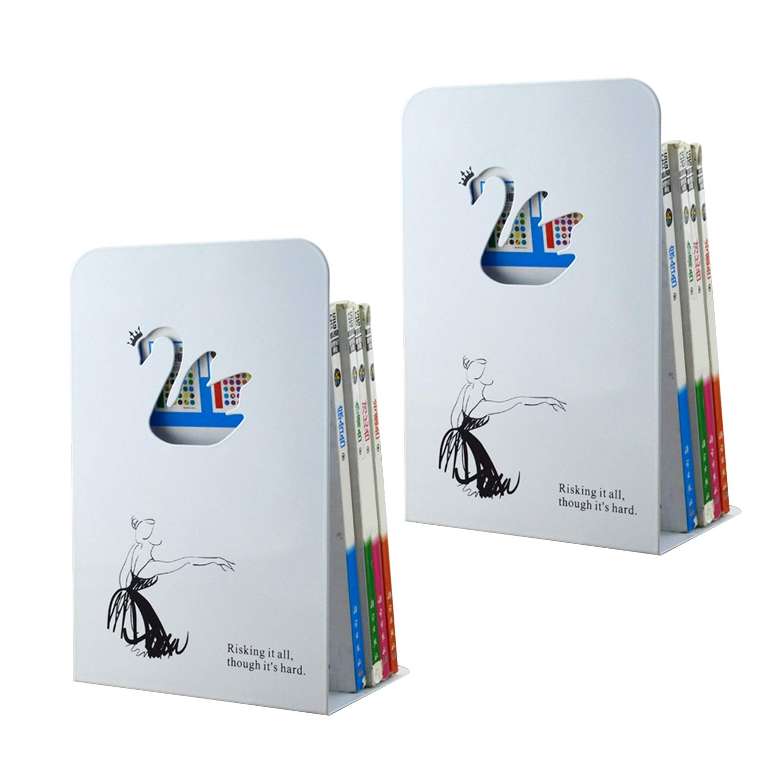 Elinala Book Ends, Book Ends for Book Shelves, 1 Pair of Thickened Bookends with Metal Hollow Cartoon Swan Shape for School, Office, Home and Library (White)