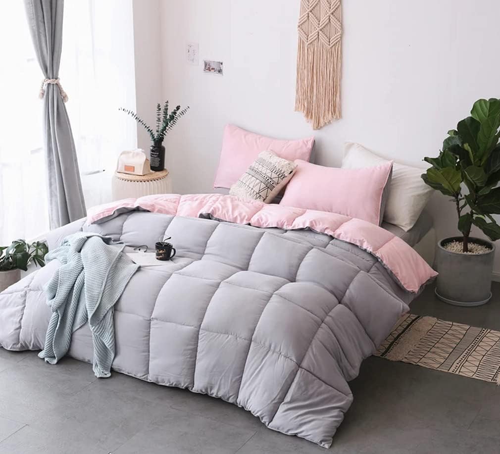 KASENTEX All Season Down Alternative Quilted Comforter Set with Sham(s) - Reversible Ultra Soft Duvet Insert Hypoallergenic Machine Washable, Queen, Pink Potpourri/Quartz Silver: Home & Kitchen