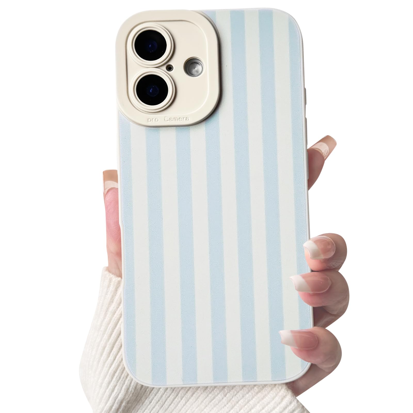 NITITOP Compatible with iPhone 16 Plus Case Cute Stylish Line Stripe Pattern Design for Women Girls Soft TPU Shockproof Full Camera Protective Phone Cover - Blue White