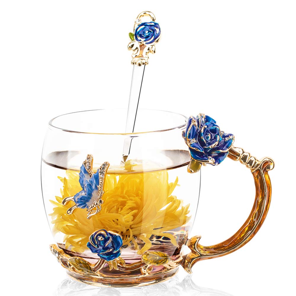 SudaTek Enamel Clear Glass Coffee Mug Tea Water Cup with Spoon Handmade Butterfly Rose Gift Set (Blue Rose)