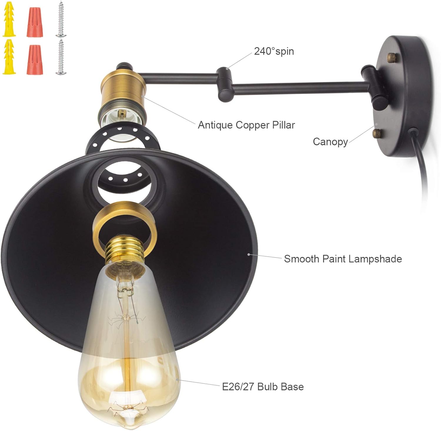 ArcoMead Swing Arm Wall Lamp Plug-in Cord Industrial Wall Sconce, Bronze and Black Finish, with On/Off Switch, E26 Base UL Listed, 1-Light Bedroom Wall Lights Fixtures, Bedside Reading Lamp - - 