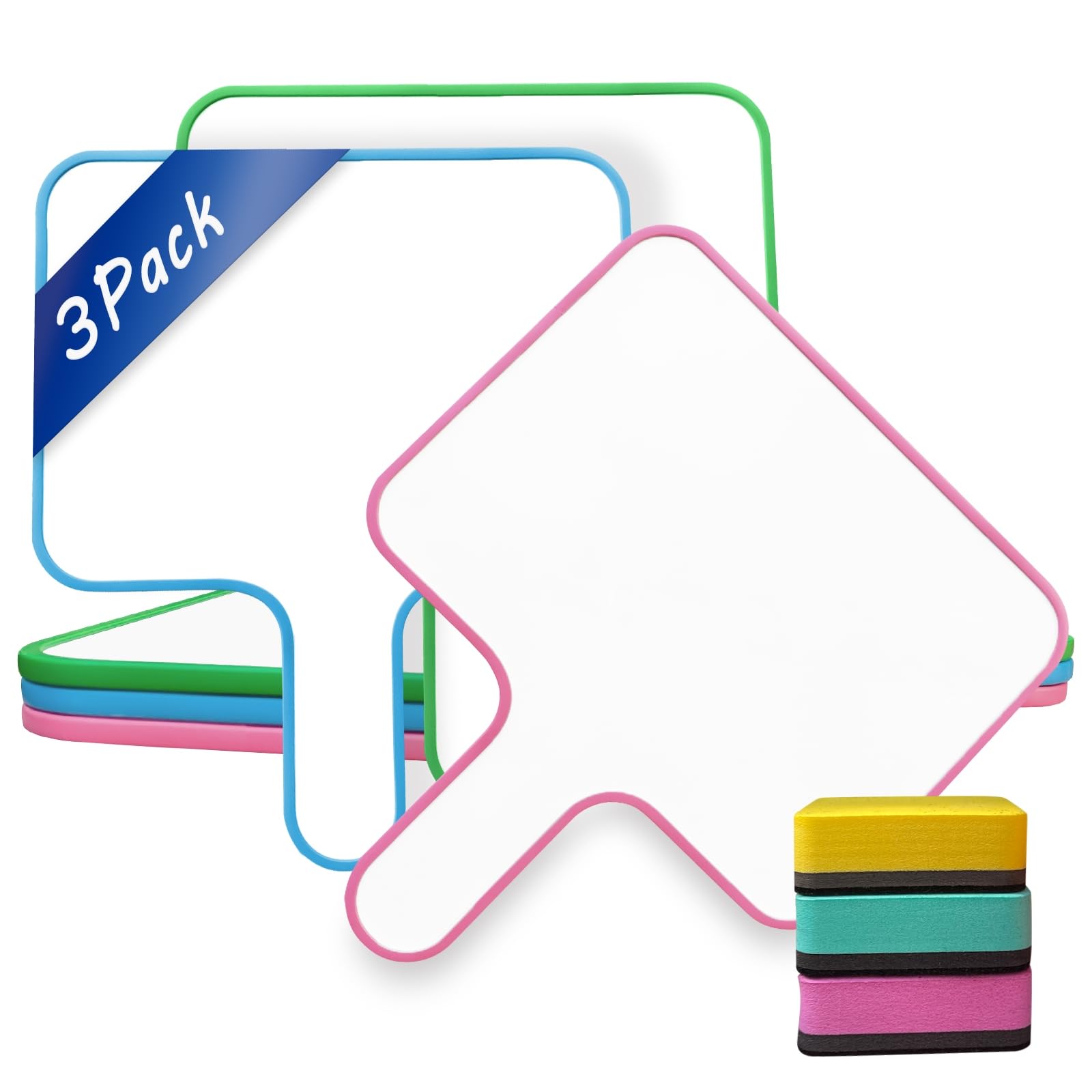 Photo 1 of 3 Pack Double-Sided Dry Erase Board- 10''X 8'' Dry Erase Paddles with 3 Colorful Erasers Thickness 5mm Answer Whiteboard for Home School and Office Mini Writing Board