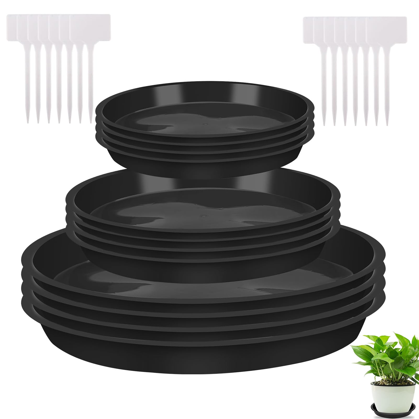 HREDZEO 12 Pcs Plant Pot Saucers with Label,Garden Plant Saucer Plant Pot Saucers Black Plant Saucer Waterproof Plant Tray Flower Pot Drip Tray for Indoor Outdoor Garden Plants(13cm/18cm/23cm,Black)