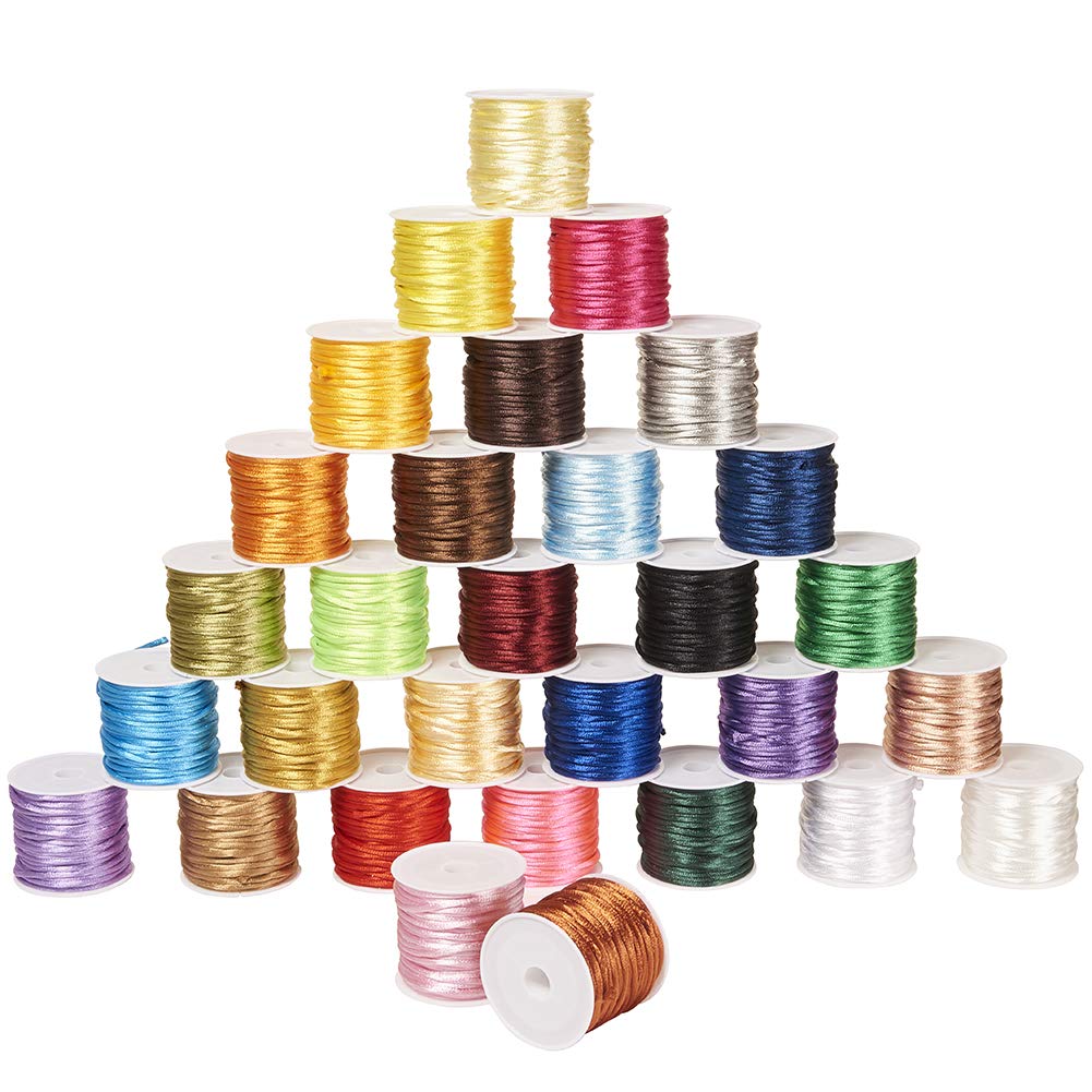 PH PandaHall 30 Colors 300m(328 Yards) Satin Nylon Trim Cord 2mm Rattail Silk Cord String for Beading Cord Jewellery Making