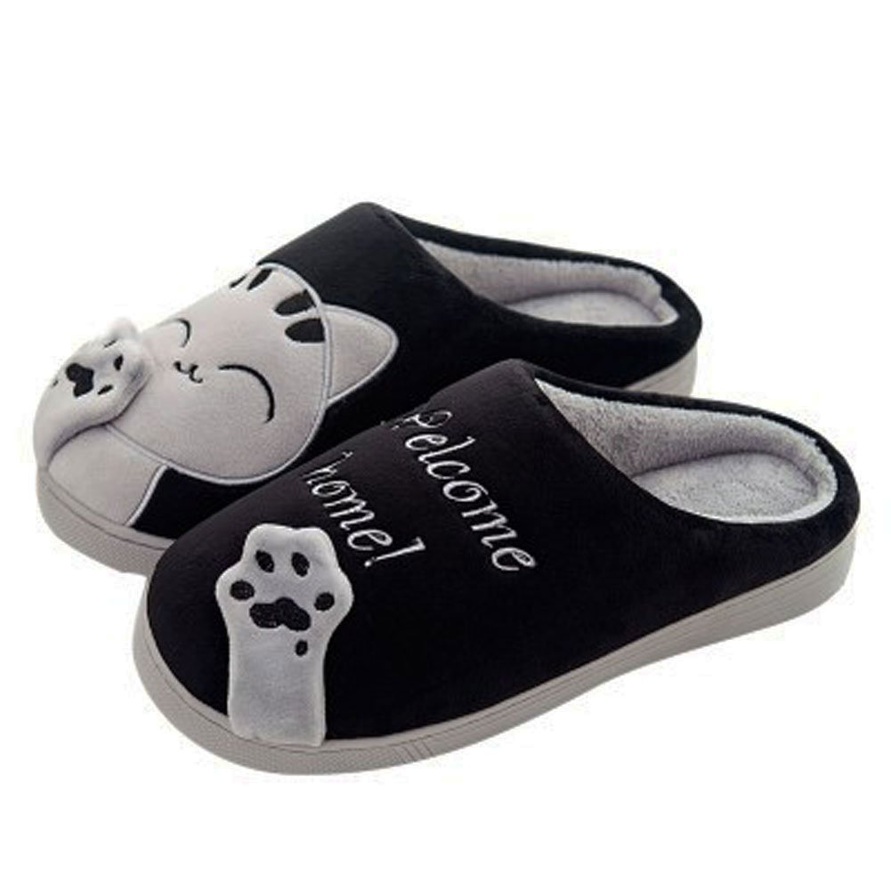 GESIMEI Kuschelige Katze Pantoffeln Warm Plüsch Hausschuhe Winter Bequeme Rutschfeste Slippers Herren Damen Schwarz 42