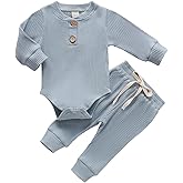 Newborn Baby Boy Girl Clothes Ribbed Knitted Cotton Long Sleeve Romper Long Pants Solid Color Fall Winter Outfits