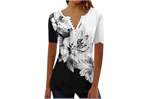 FLOLEO Womens Tops Dressy Casual Boho Floral Top Summer Short Sleeve Vintage Blouse Pleated V Neck Button up Tops Tee Shirts