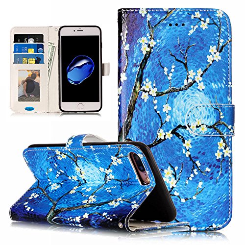 JanCalm iPhone 8 Plus/7 Plus Wallet Case [Kickstand Feature][Card Slots/Side Pocket][Wrist strap] PU Leather Wallet Magnetic Flip Folio Cover for iPhone 8 Plus/7 Plus + Crystal pen (Blue/Flower)