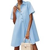 Wenrine Womens Oversized Shirt Button Mini Dress Short Sleeve Casual Collared V Neck Summer Flowy Dresses