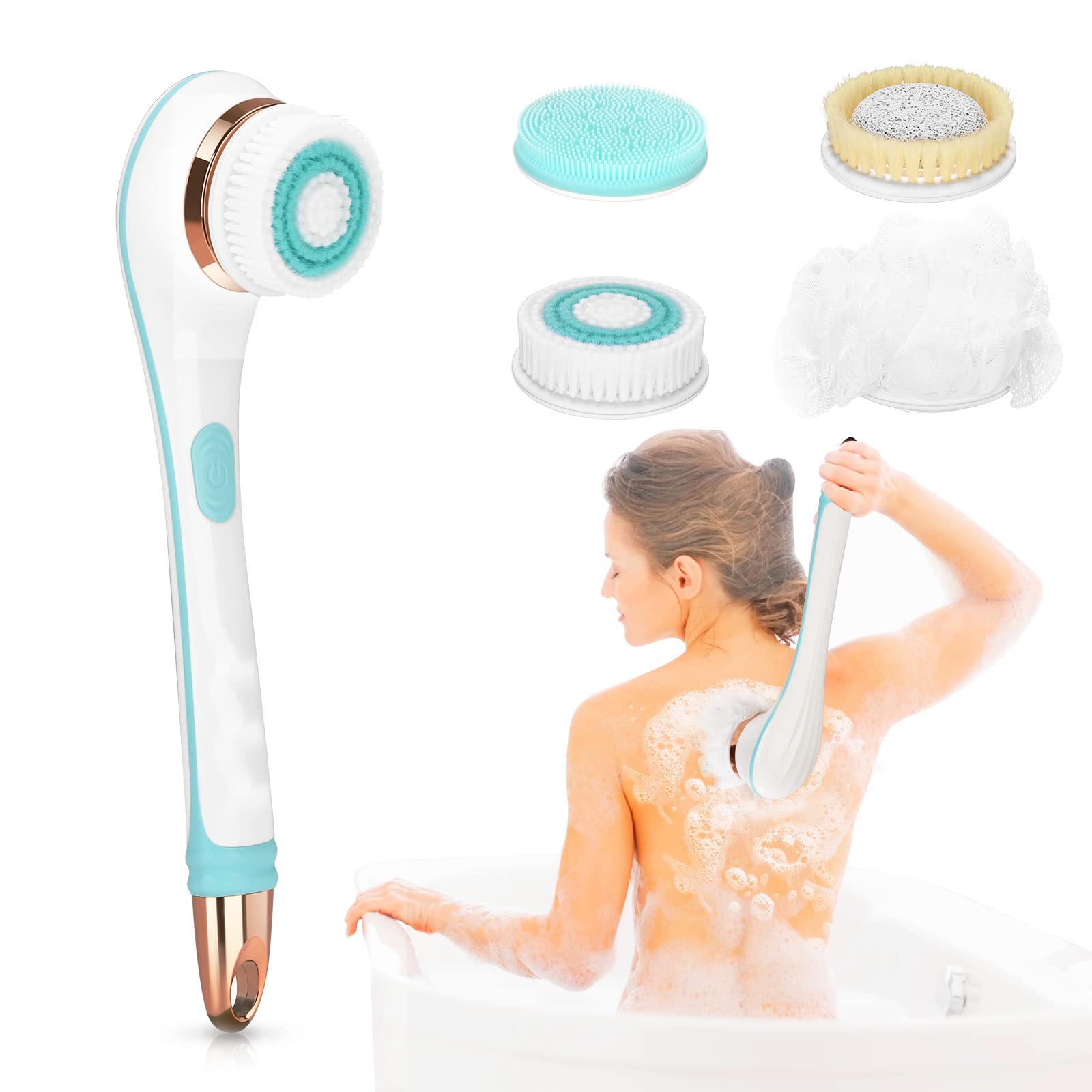 Jalann Electric Body Brush, Rechargeable Electric Body Scrubber with Long Handle, Facial Body Exfoliating Brush Kit with 4 Brush Heads for Cleansing, Massage, Care Your Skin in The Shower, Green